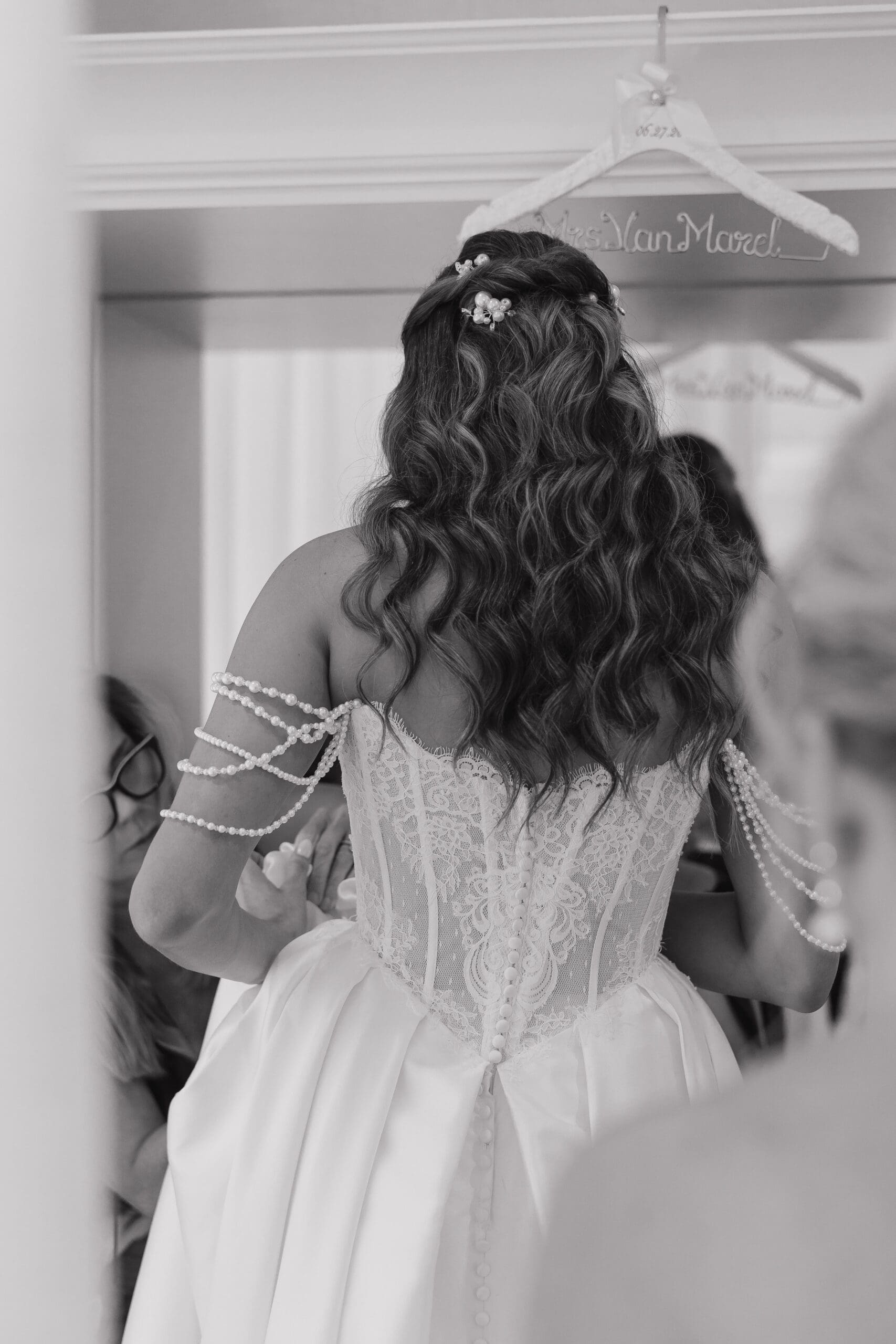 Black and White. Bride getting ready at Toast in Ankeny, Iowa
